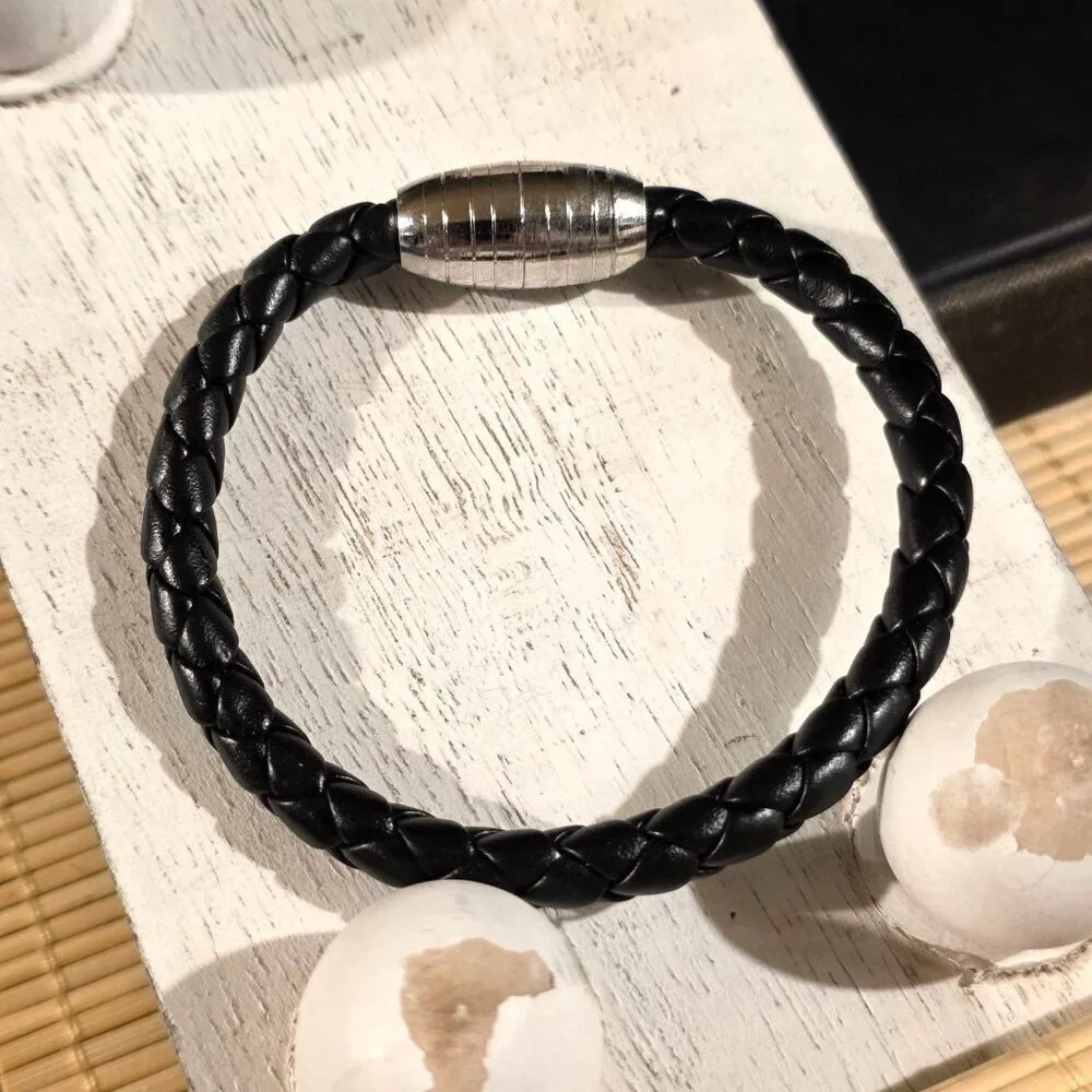 Braided Thick Black Vegan Leather Magnetic Clasp Bangle Bracelet